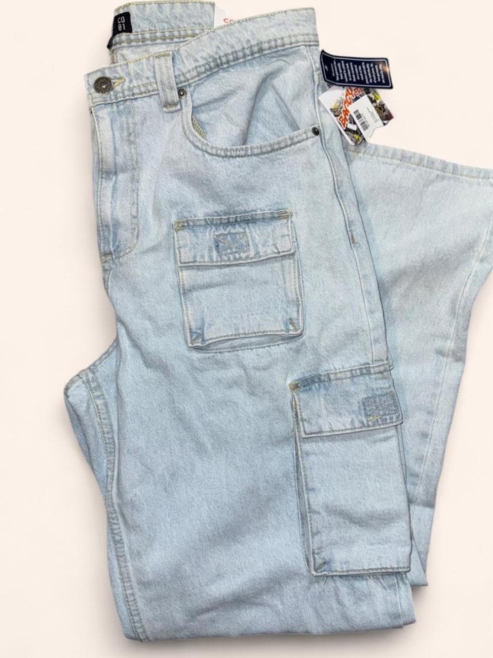 NWT Co81 Light Wash Denim Cargo Pants with Utility Pockets